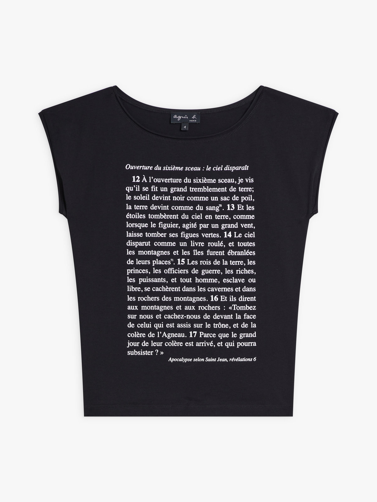 FEMME ウィメンズ オーガニックコットン プリント ノースリーブ Tシャツ ”Apocalypse selon St Jean” ブラック