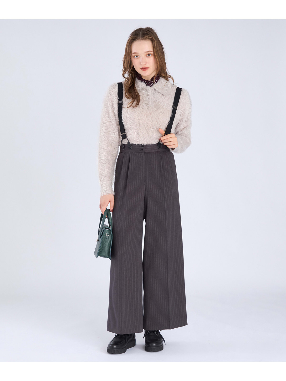 To b. by agnès b. 【Outlet】ウール調 ストライプ サスペンダーパンツ グレー