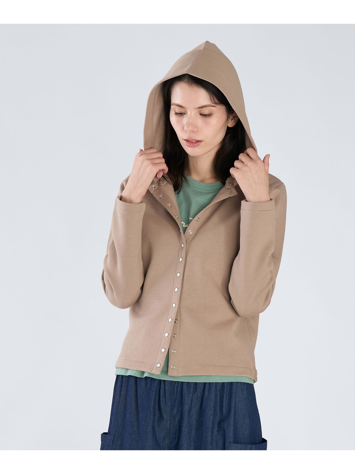 FEMME ウィメンズ オーガニックコットン メルトン 長袖 カーディガンプレッション ”Capuche” ベージュ