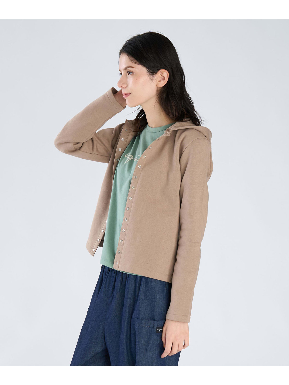 FEMME ウィメンズ オーガニックコットン メルトン 長袖 カーディガンプレッション ”Capuche” ベージュ