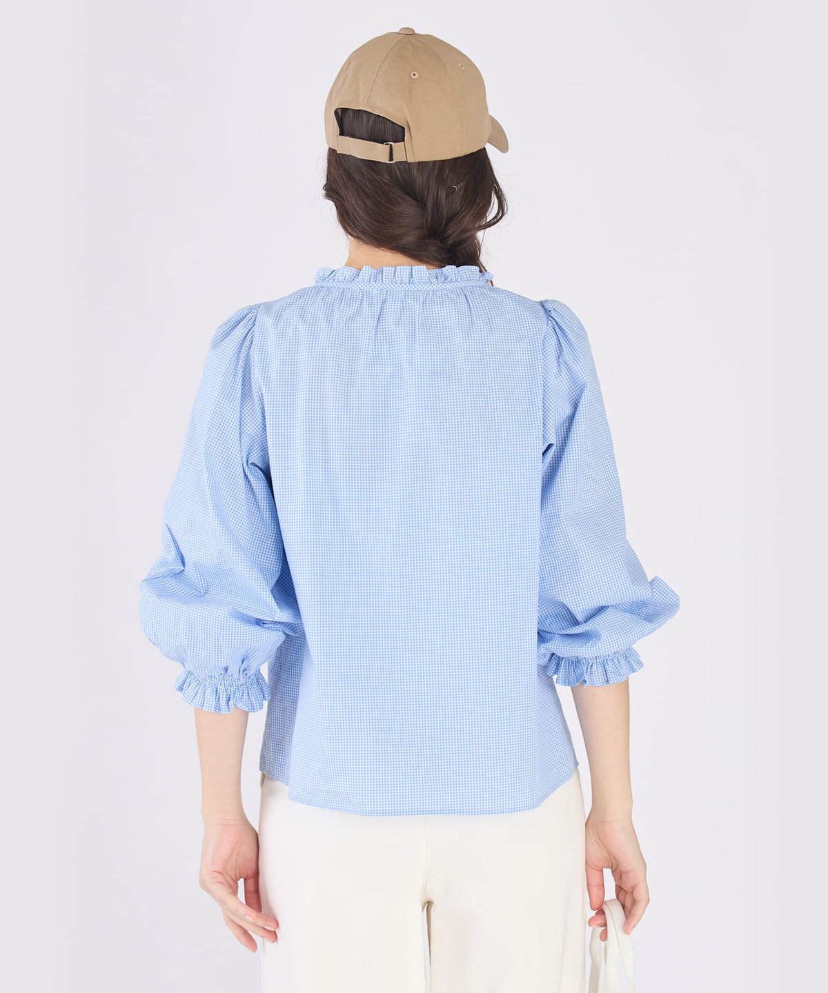 To b. by agnès b. ギンガムチェック コットン フリル 長袖 ブラウス ブルー