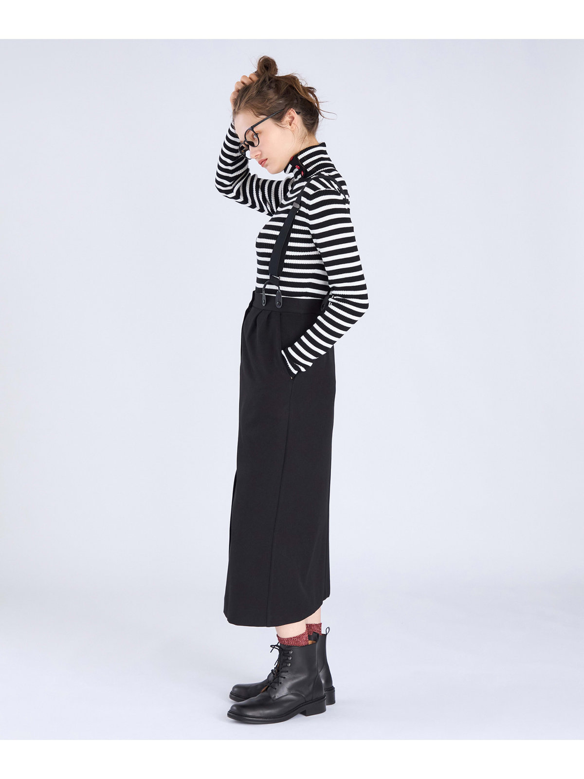 To b. by agnès b. 【Outlet】ウール調 サスペンダースカート ブラック