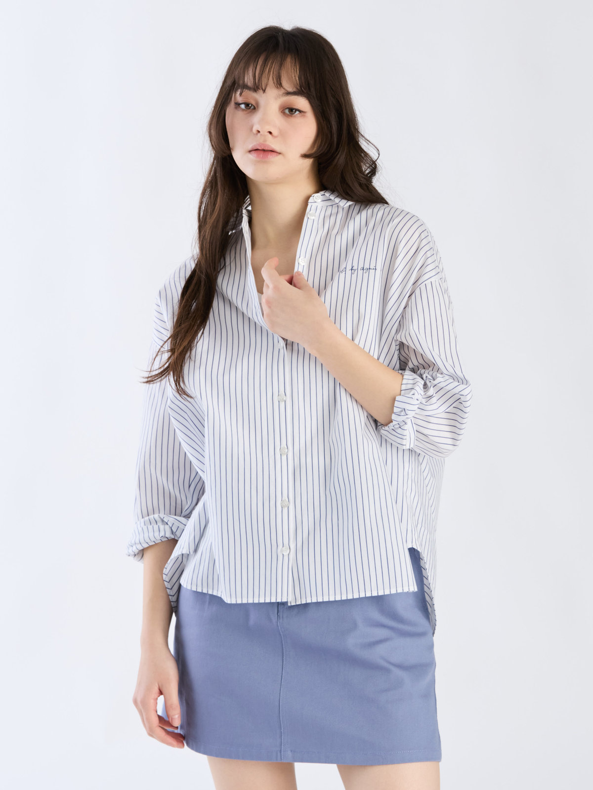 To b. by agnès b. コットン ストライプ ロングスリーブ シャツ ホワイト