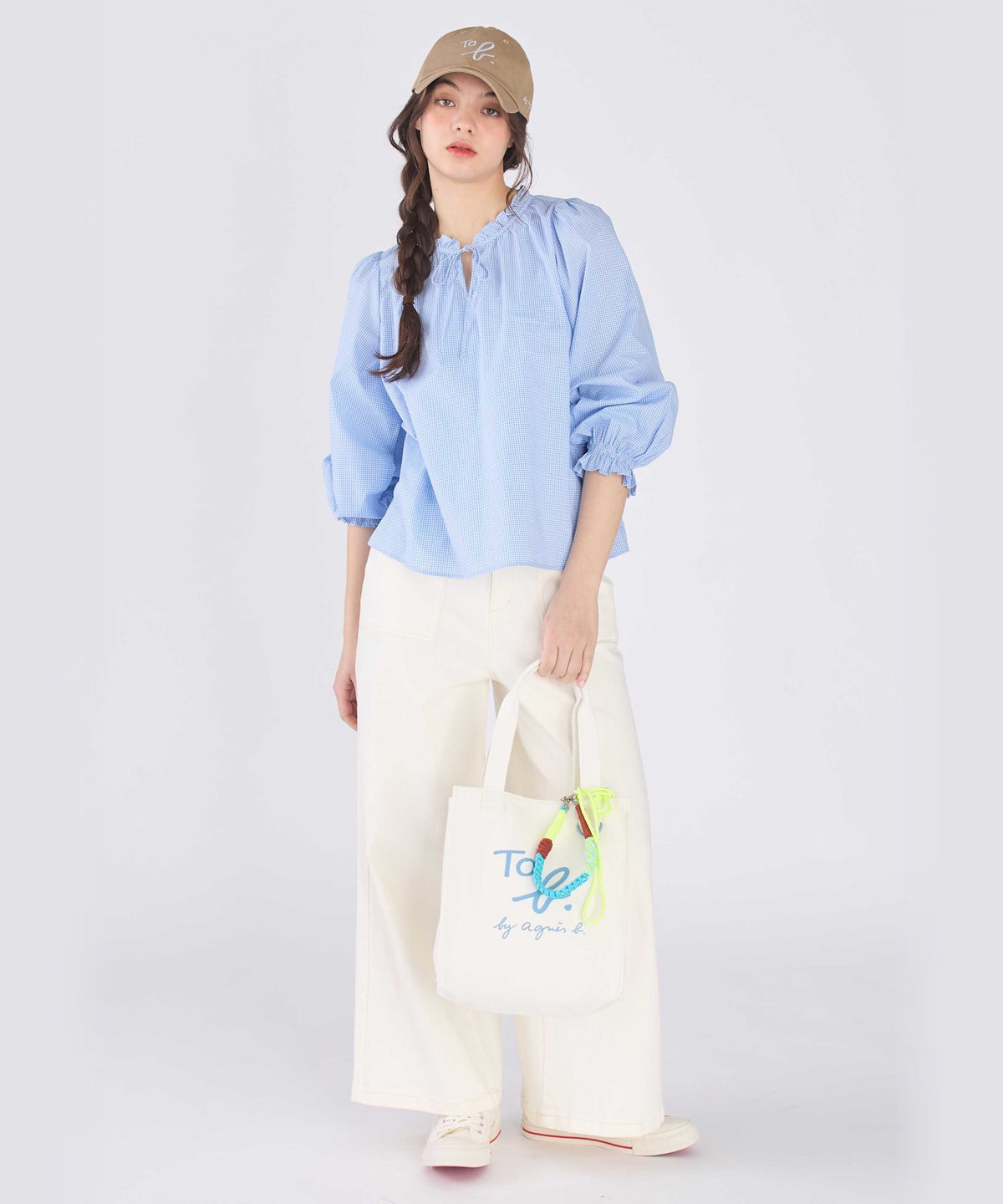 To b. by agnès b. ギンガムチェック コットン フリル 長袖 ブラウス ブルー