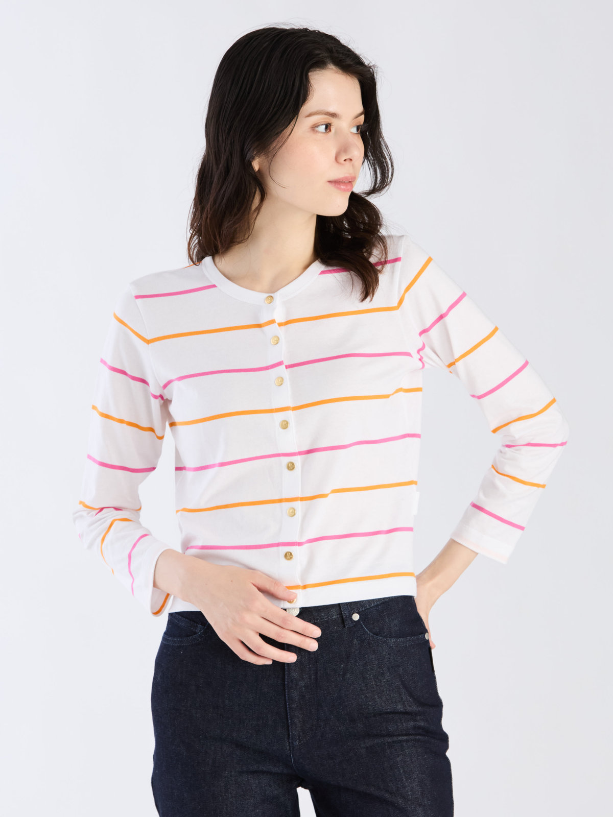 FEMME ウィメンズ 【Outlet】ボーダー コットン 長袖 カーディガンプレッション "Petit" ホワイト