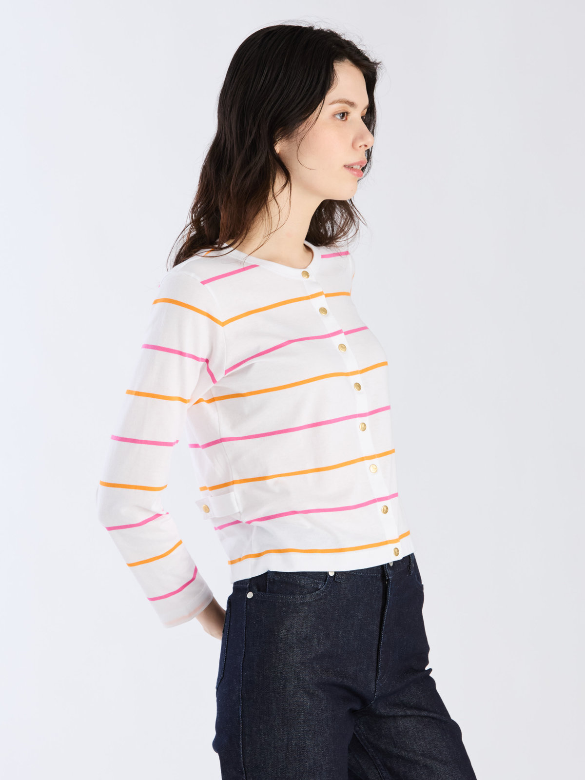 FEMME ウィメンズ 【Outlet】ボーダー コットン 長袖 カーディガンプレッション "Petit" ホワイト