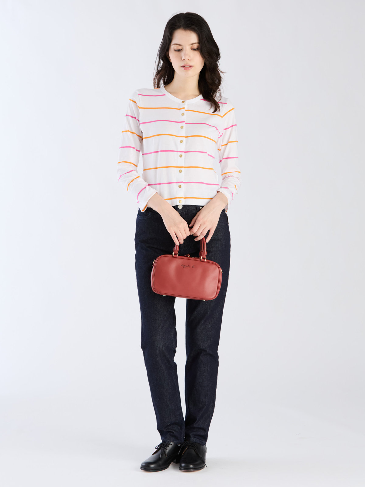 FEMME ウィメンズ 【Outlet】ボーダー コットン 長袖 カーディガンプレッション "Petit" ホワイト