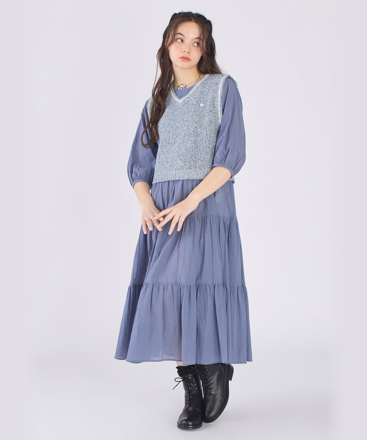 To b. by agnès b. コットン シフォン ティアード ワンピース ブルー