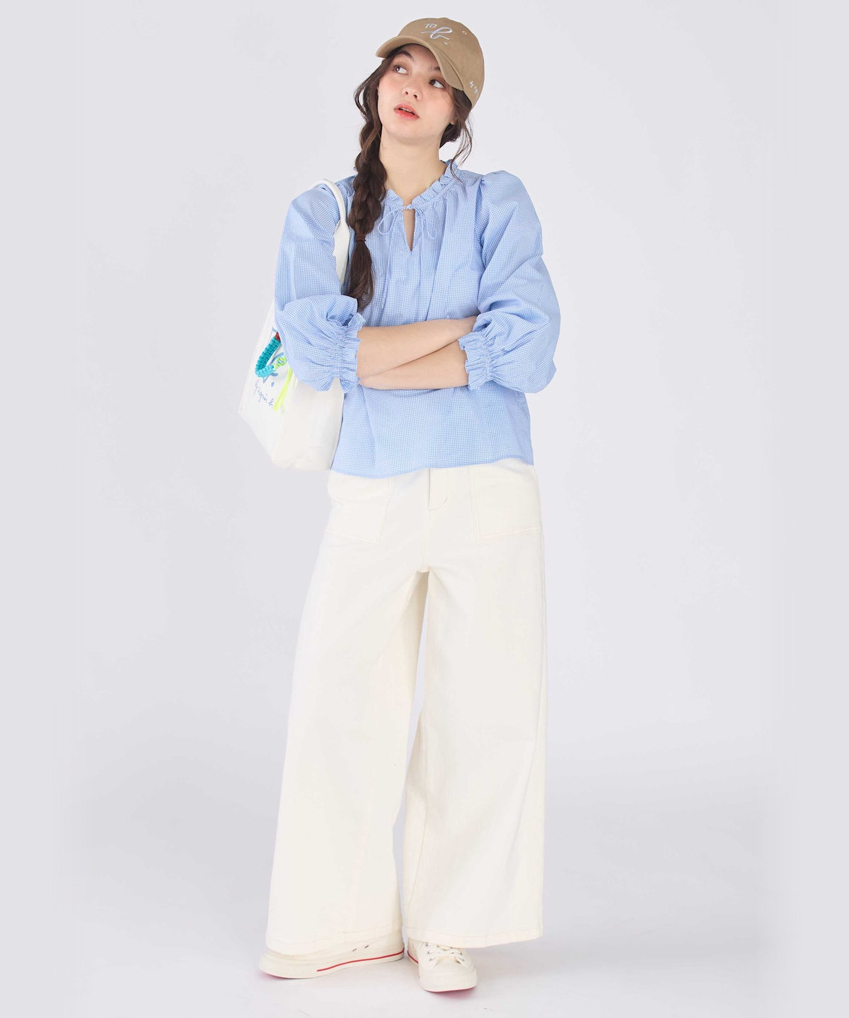 To b. by agnès b. ギンガムチェック コットン フリル 長袖 ブラウス ブルー