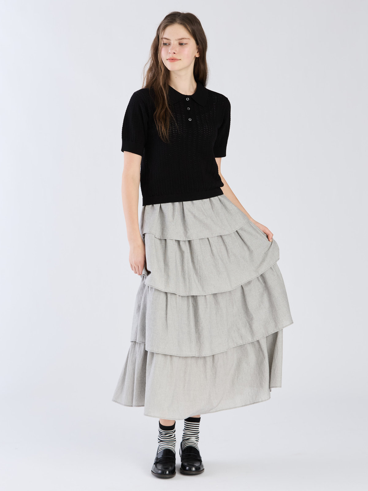 To b. by agnès b. 【Outlet】コットン オープンワーク ニット ポロシャツ ブラック