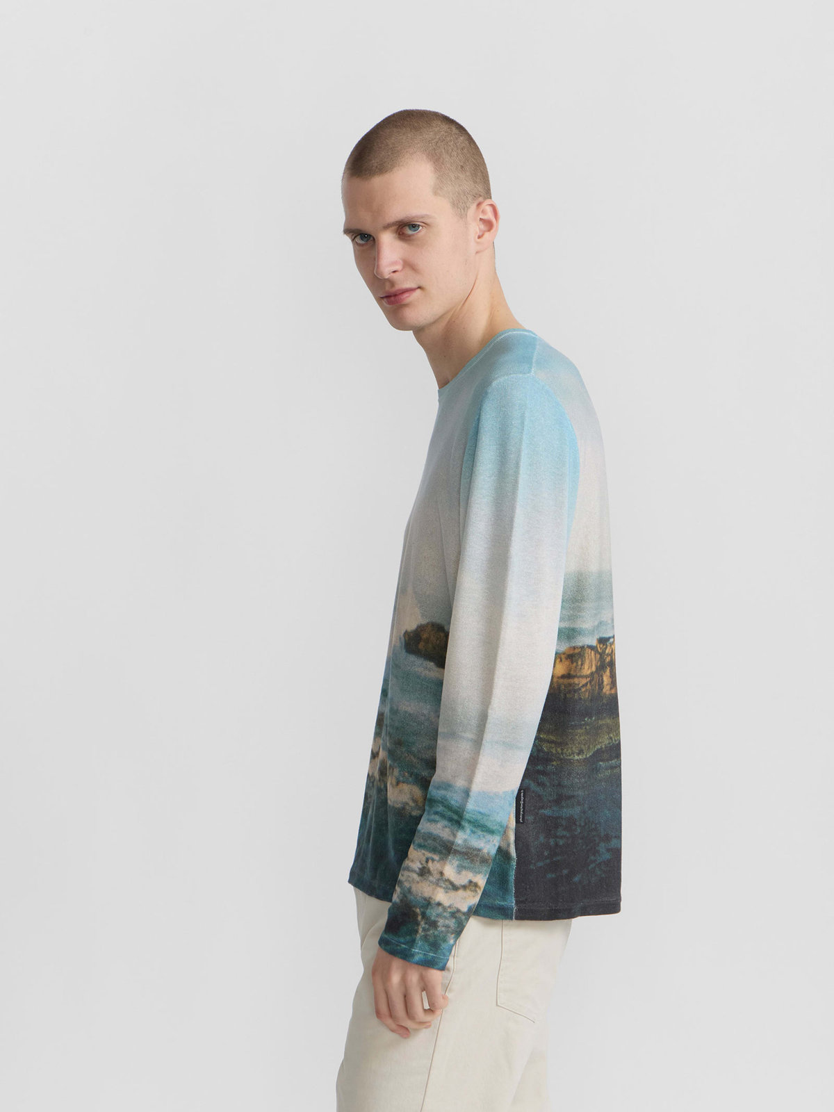 HOMME メンズ メンズ フォトプリント シルク リネン ニット プルオーバー "Mer" マルチ