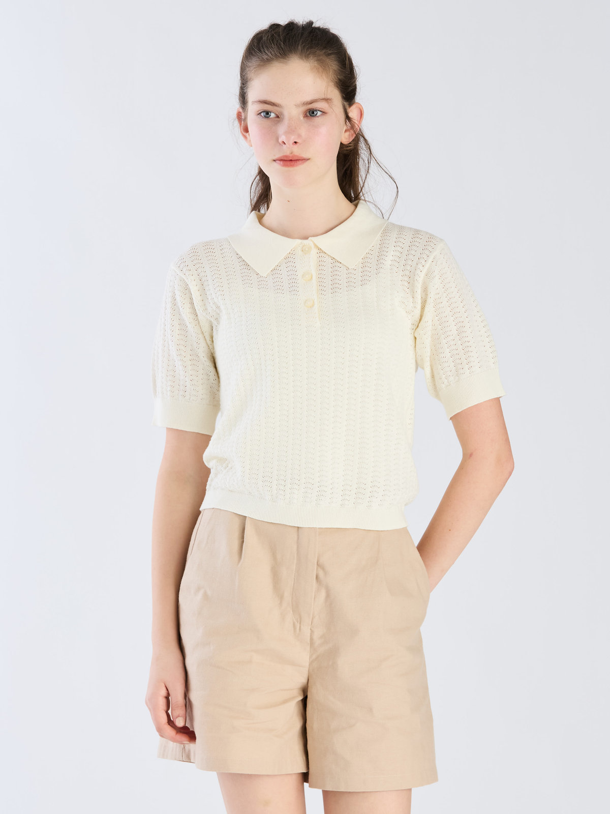 To b. by agnès b. 【Outlet】コットン オープンワーク ニット ポロシャツ ホワイト