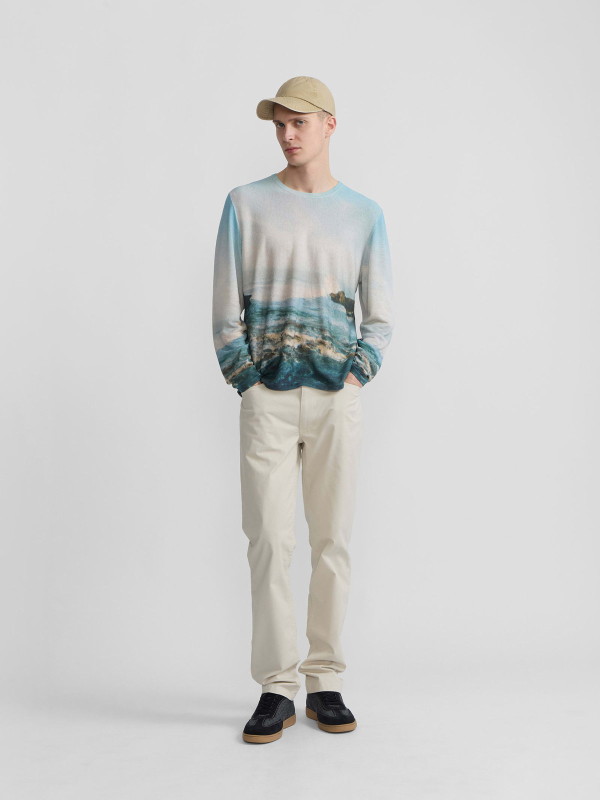 HOMME メンズ メンズ フォトプリント シルク リネン ニット プルオーバー "Mer" マルチ