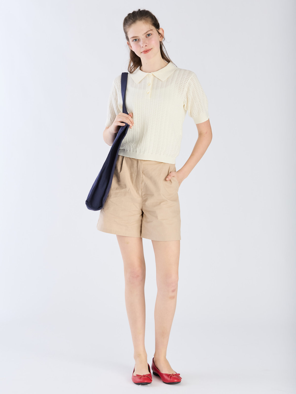 To b. by agnès b. 【Outlet】コットン オープンワーク ニット ポロシャツ ホワイト