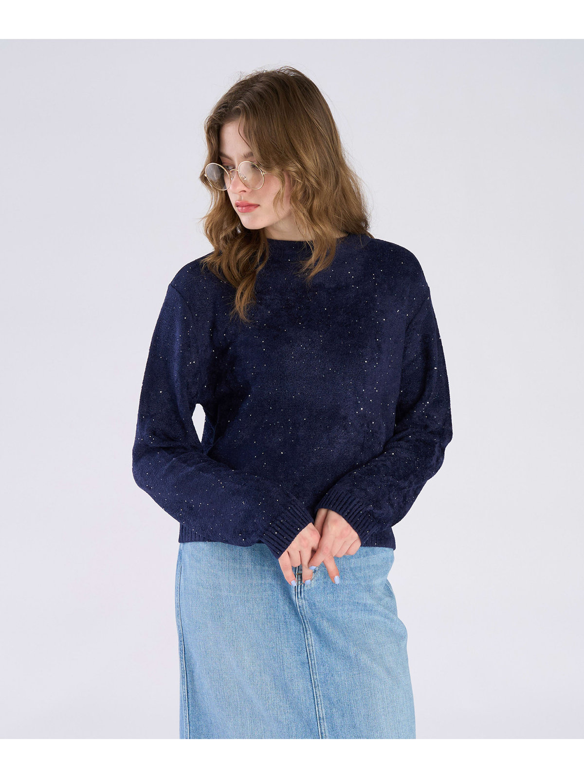 To b. by agnès b. スパンコール ニット プルオーバー ネイビー