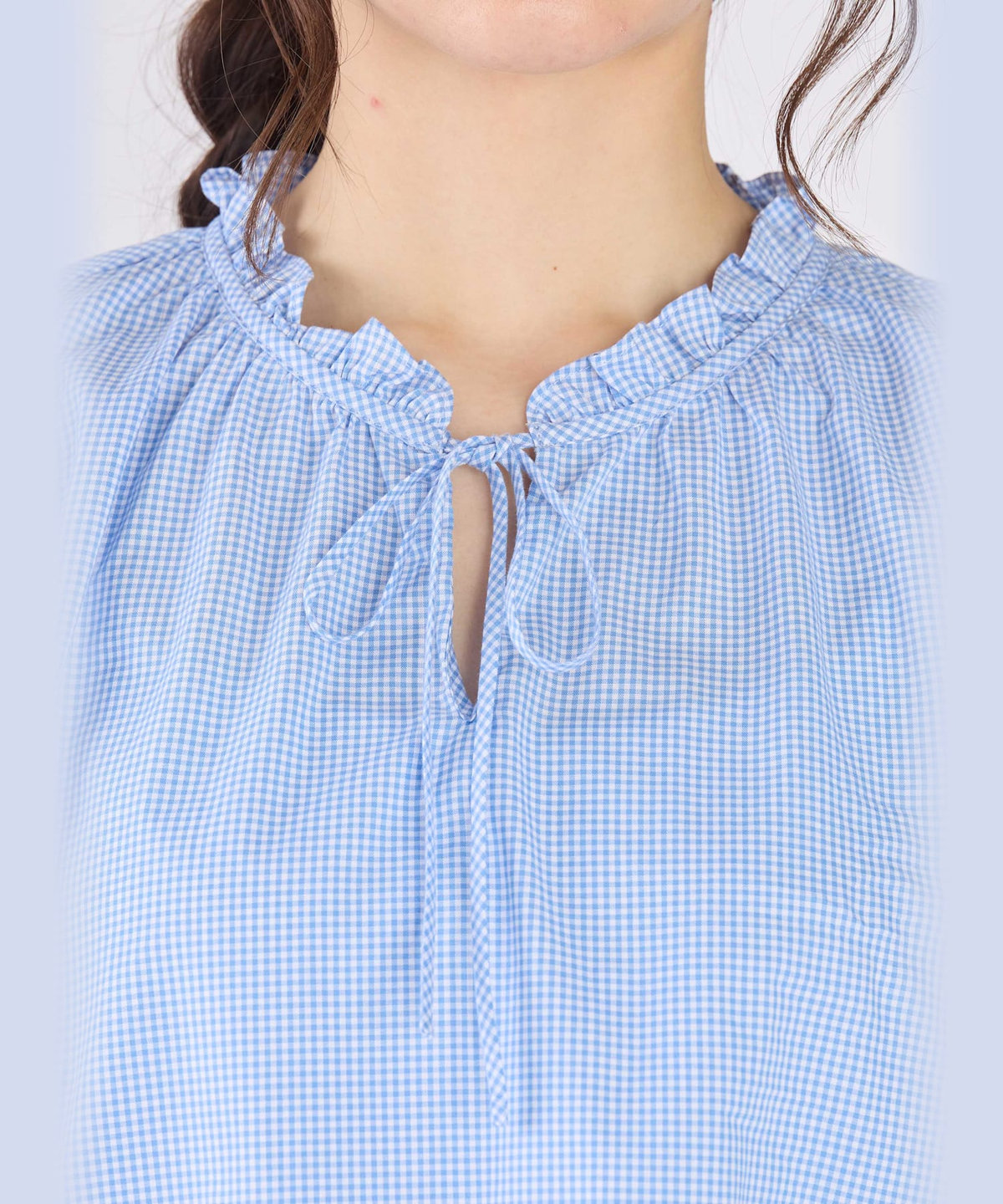 To b. by agnès b. ギンガムチェック コットン フリル 長袖 ブラウス ブルー