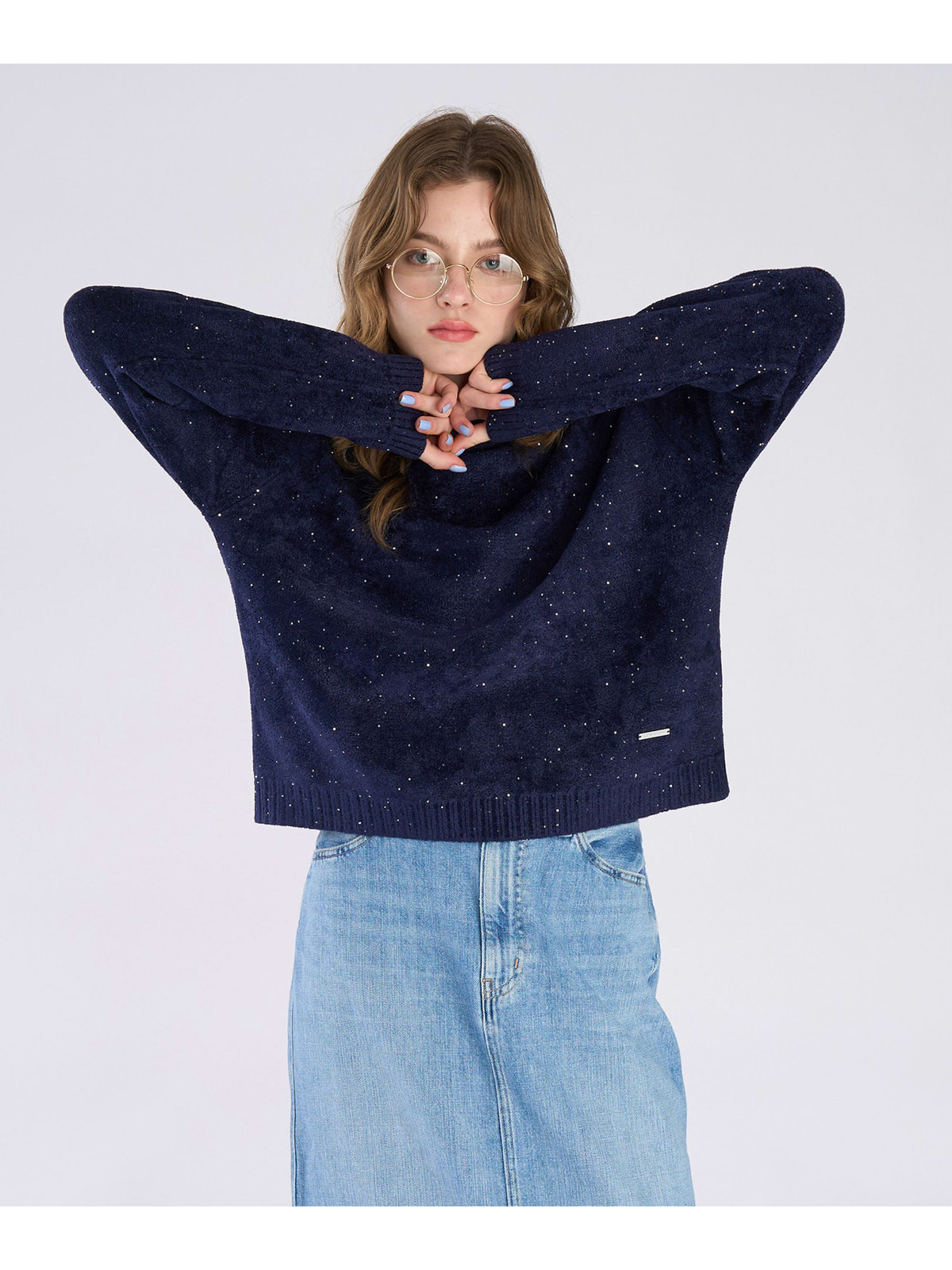 To b. by agnès b. スパンコール ニット プルオーバー ネイビー