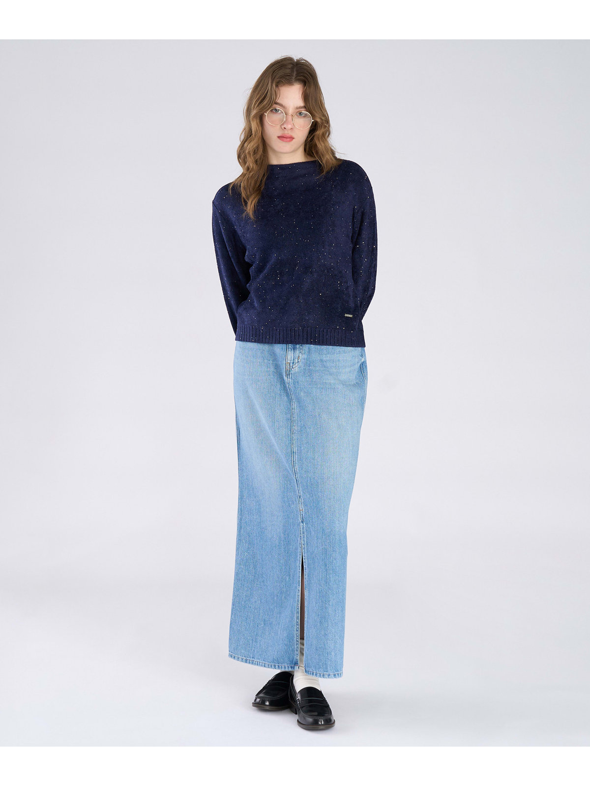 To b. by agnès b. スパンコール ニット プルオーバー ネイビー