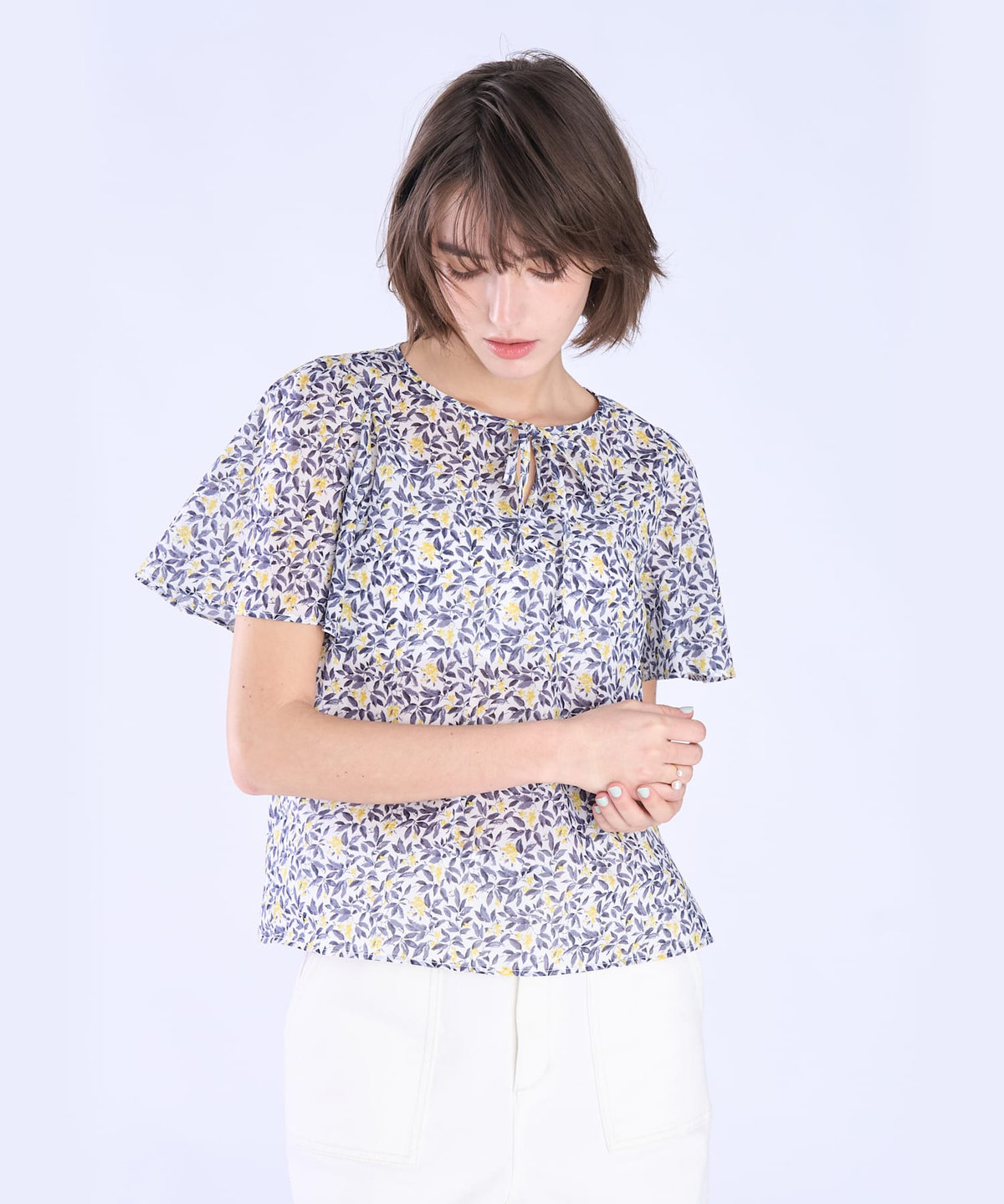 To b. by agnès b. ボタニカル プリント コットン 半袖 ブラウス イエロー