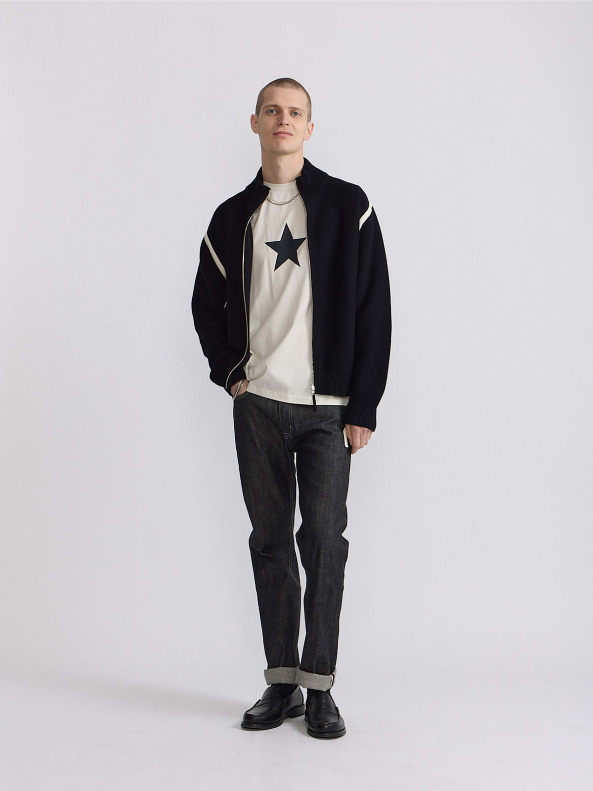 HOMME メンズ メンズ コットン ニット ジップアップブルゾン ”Reversible” ブラック