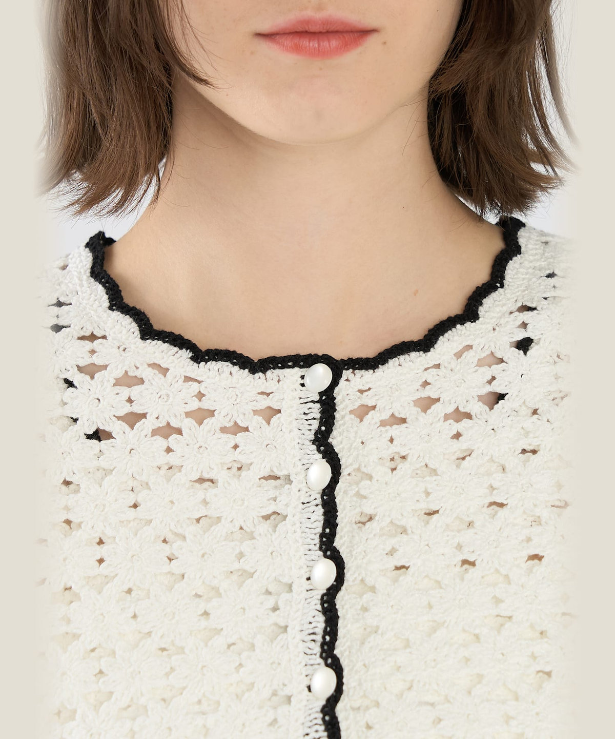 To b. by agnès b. コットン レース 刺繍 長袖 カーディガン ホワイト