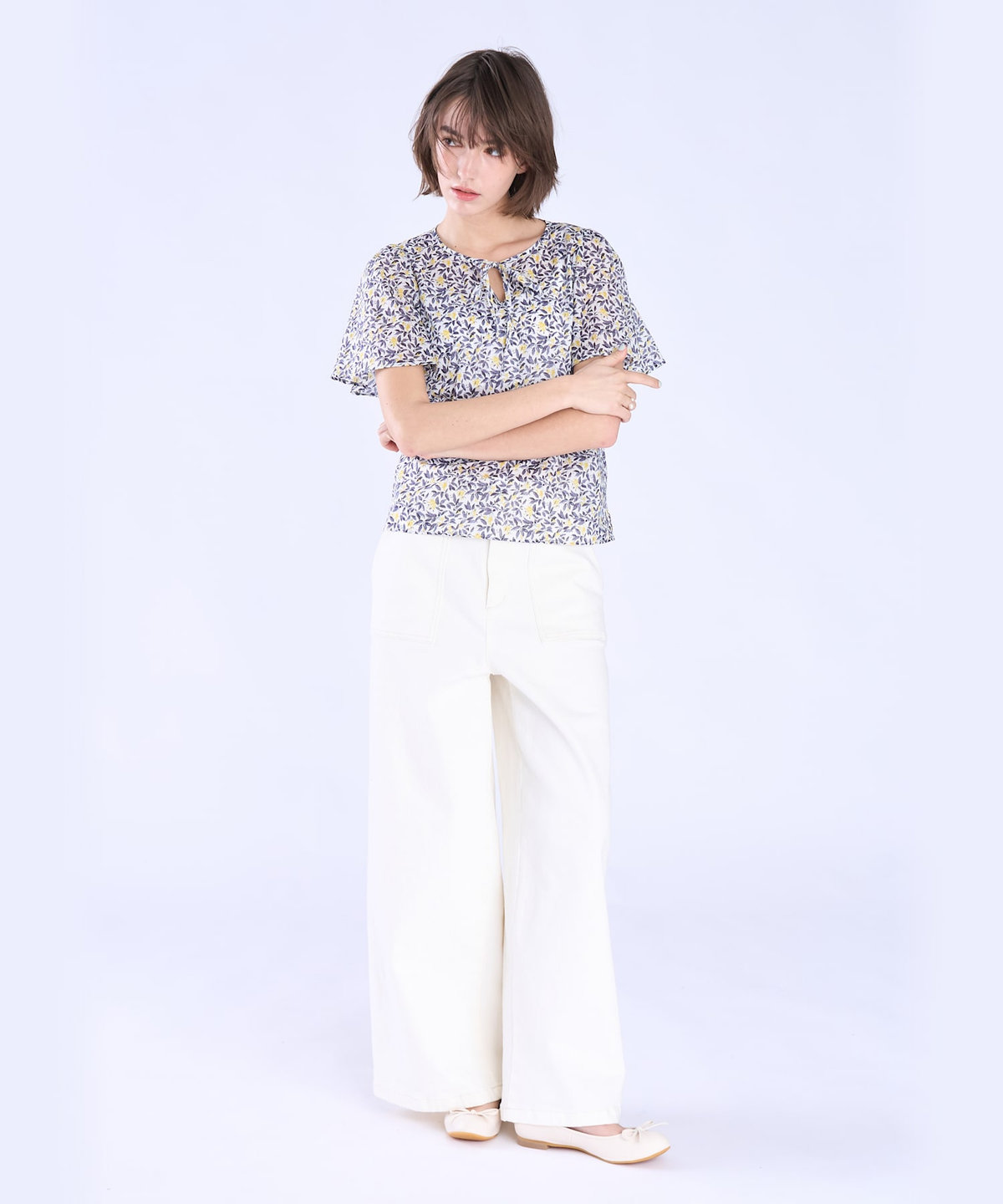 To b. by agnès b. ボタニカル プリント コットン 半袖 ブラウス イエロー