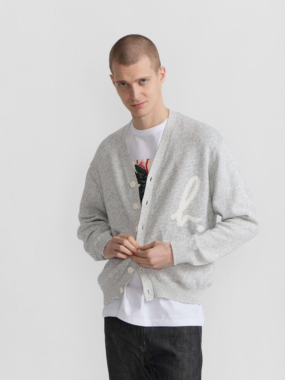 HOMME メンズ メンズ "b."ロゴ コットン Vネック カーディガン グレー系その他