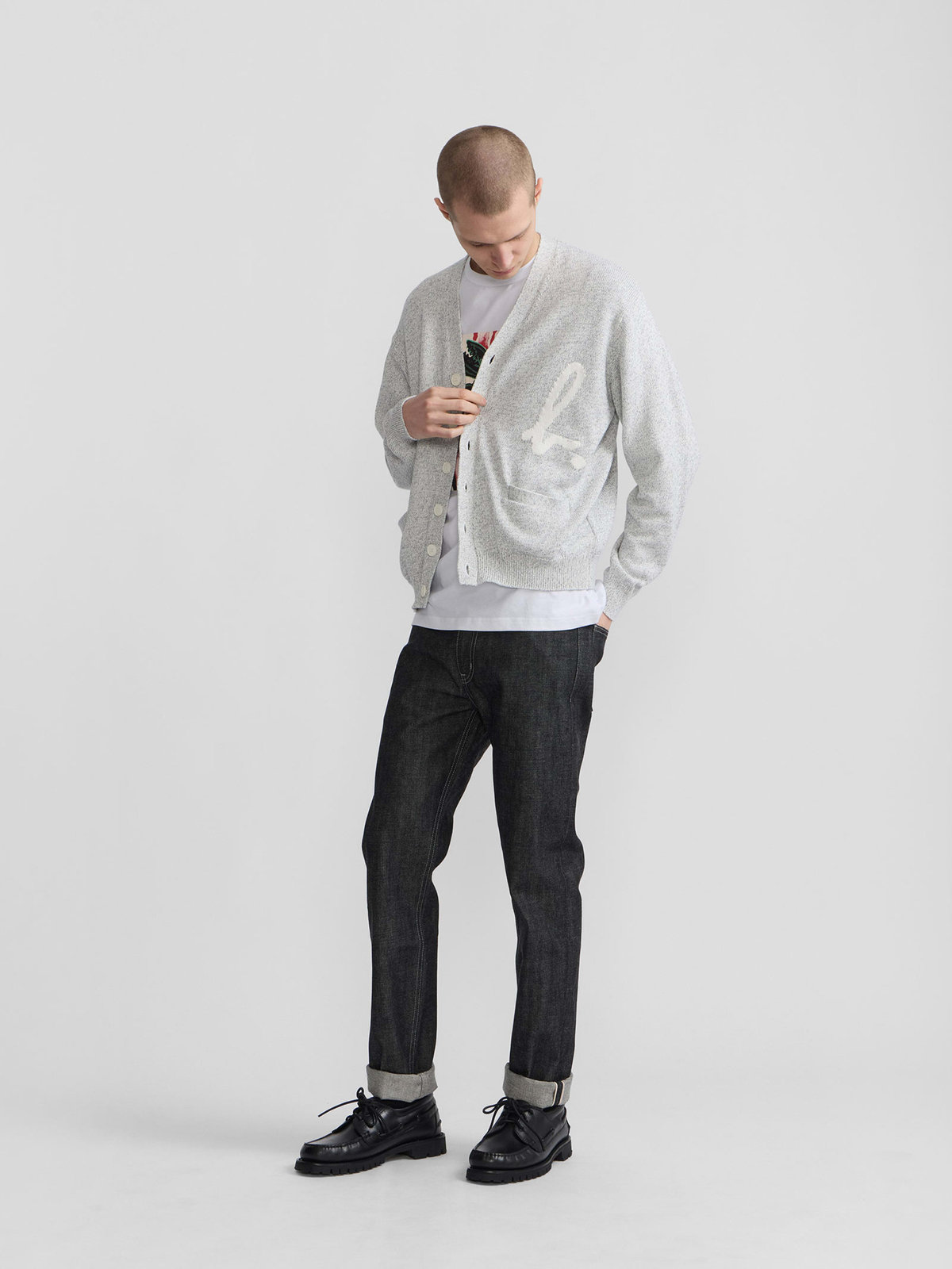 HOMME メンズ メンズ "b."ロゴ コットン Vネック カーディガン グレー系その他