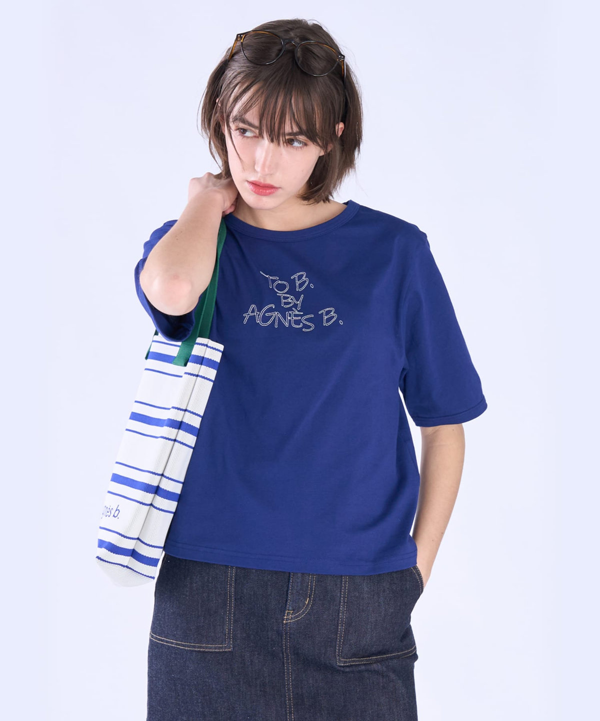 To b. by agnès b. ロゴ 刺繍 コットン 半袖 Tシャツ ネイビー