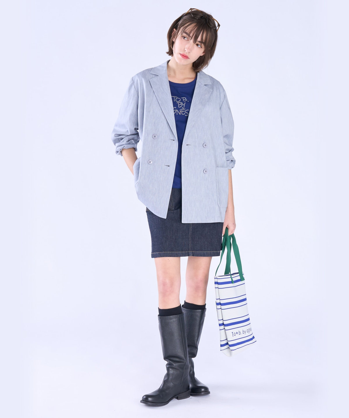 To b. by agnès b. ロゴ 刺繍 コットン 半袖 Tシャツ ネイビー