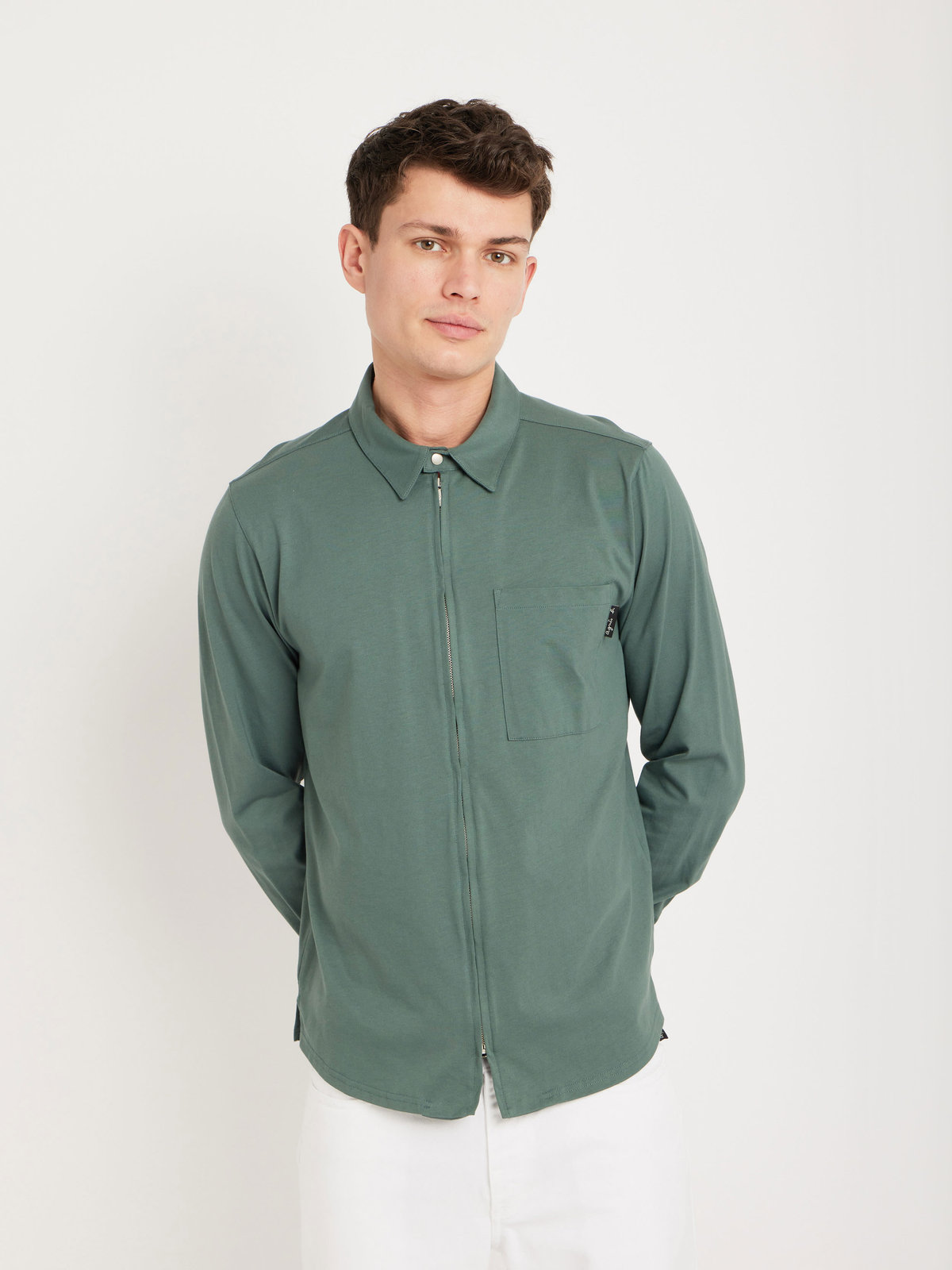 HOMME メンズ メンズ コットン 長袖 ジップシャツ ”Metro” グリーン