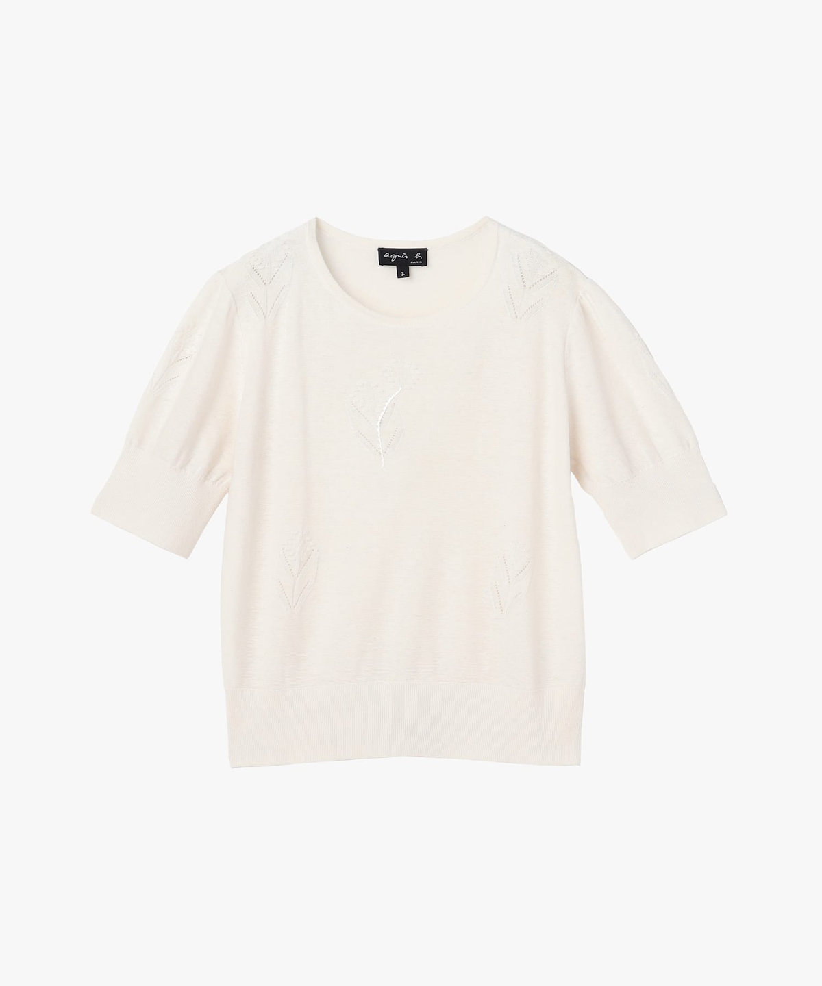 FEMME ウィメンズ フラワーモチーフ シルク リネン 半袖 ニット プルオーバー "Fleurs" ホワイト