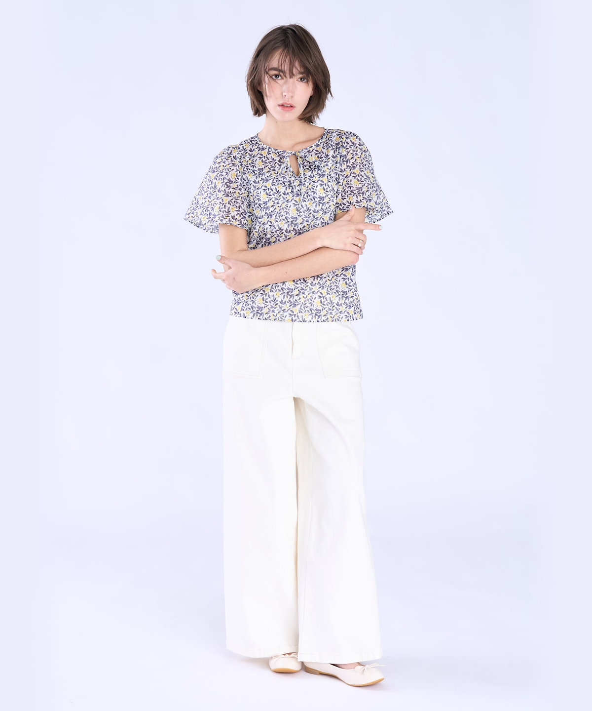 To b. by agnès b. ボタニカル プリント コットン 半袖 ブラウス イエロー