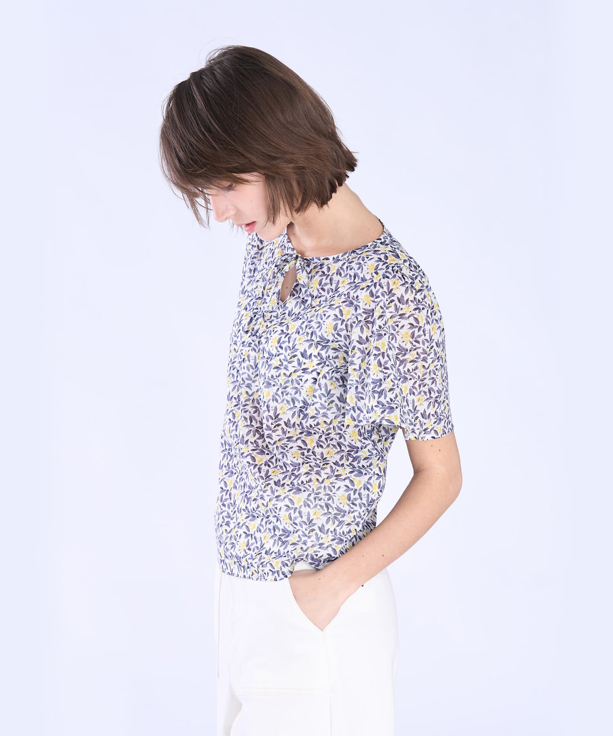 To b. by agnès b. ボタニカル プリント コットン 半袖 ブラウス イエロー