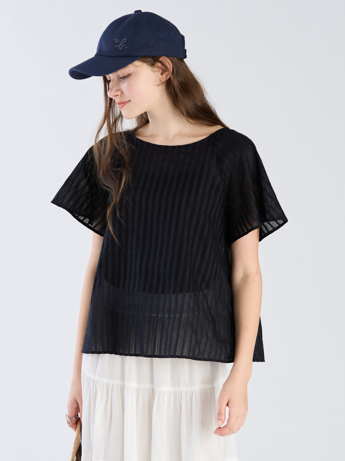 To b. by agnès b. 【Outlet】からみ織 コットン 半袖 ブラウス ネイビー