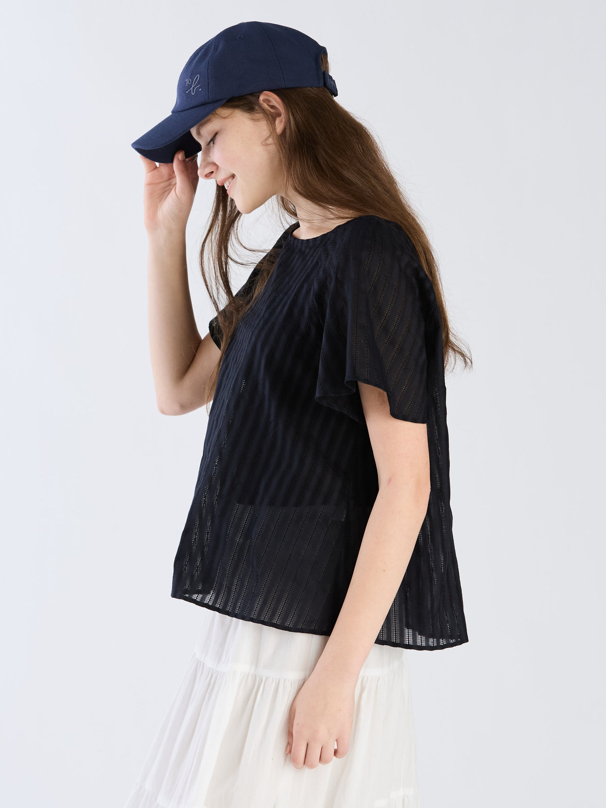 To b. by agnès b. 【Outlet】からみ織 コットン 半袖 ブラウス ネイビー