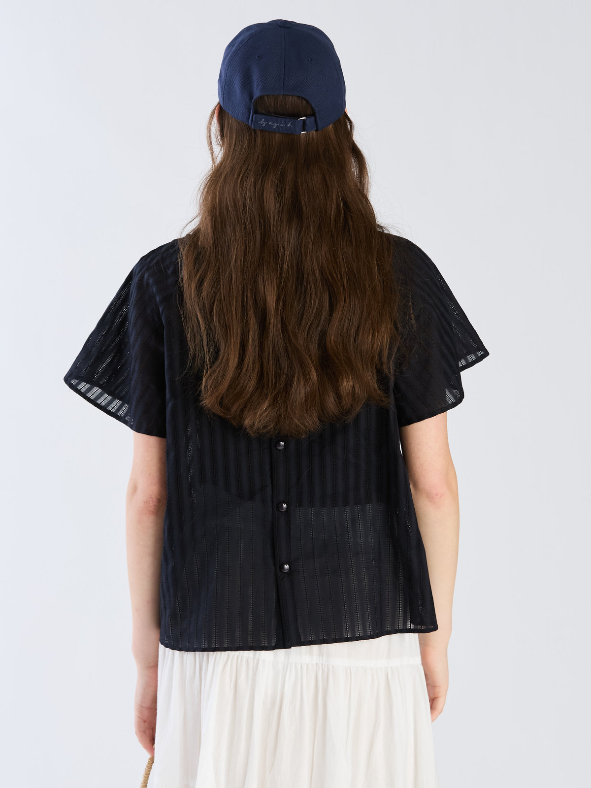 To b. by agnès b. 【Outlet】からみ織 コットン 半袖 ブラウス ネイビー