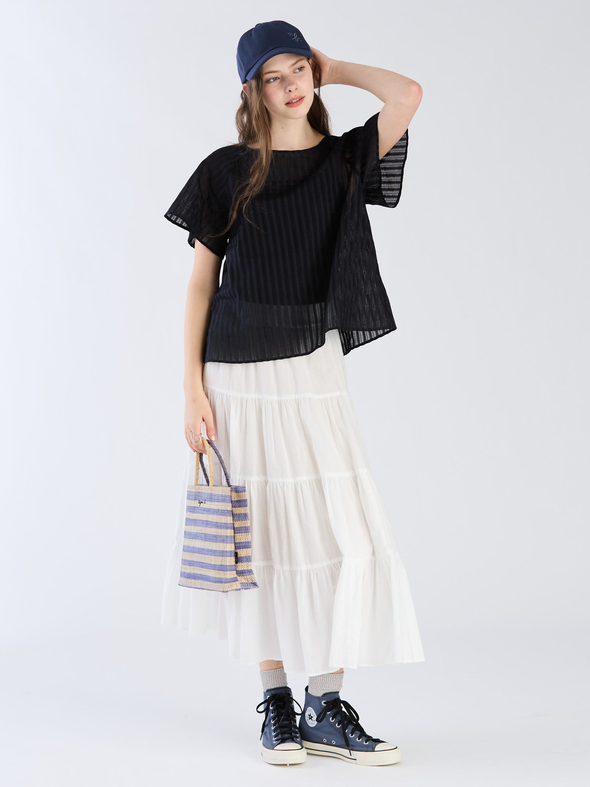 To b. by agnès b. 【Outlet】からみ織 コットン 半袖 ブラウス ネイビー