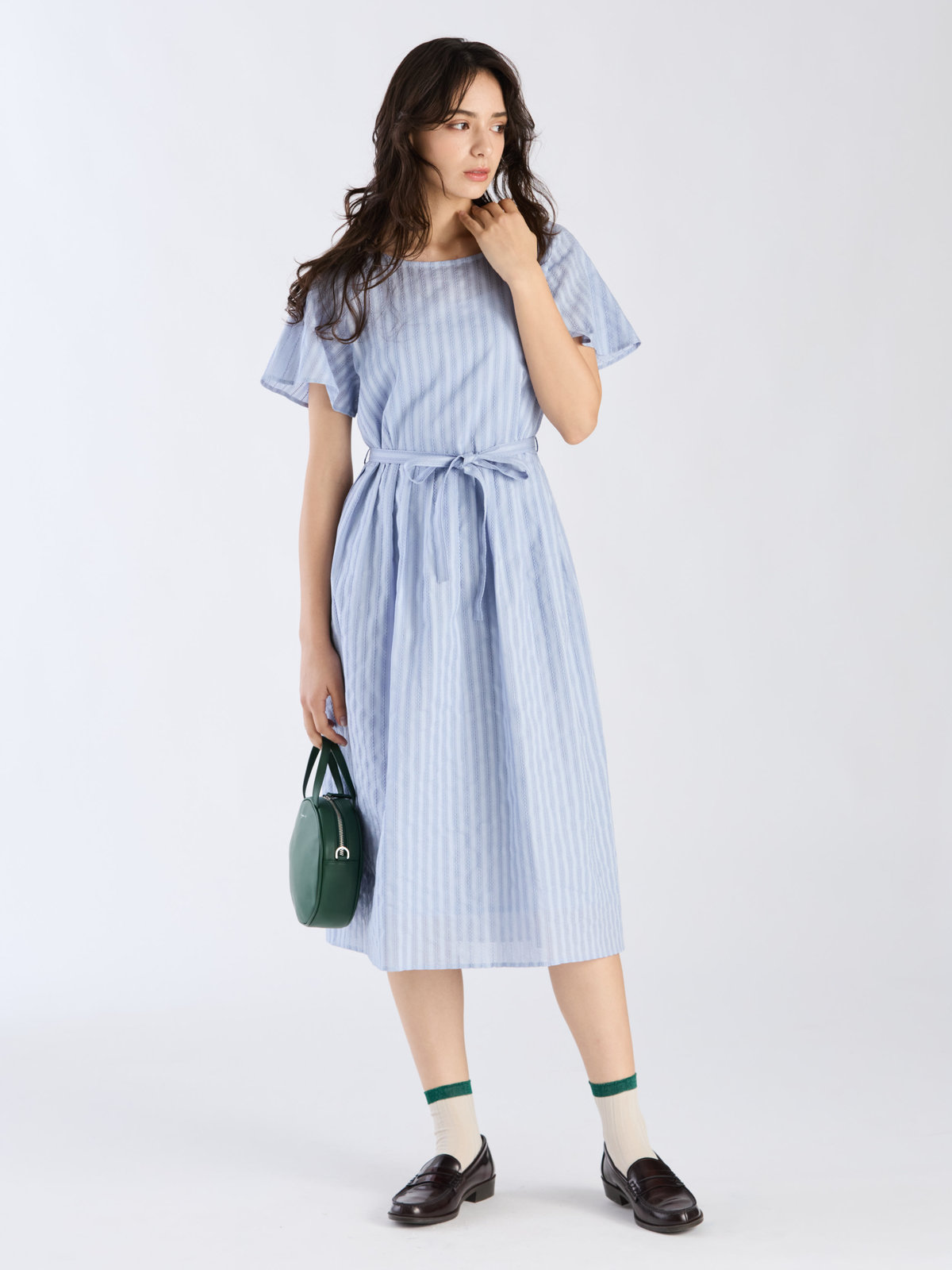 To b. by agnès b. 【Outlet】からみ織 コットン 半袖 ワンピース ブルー