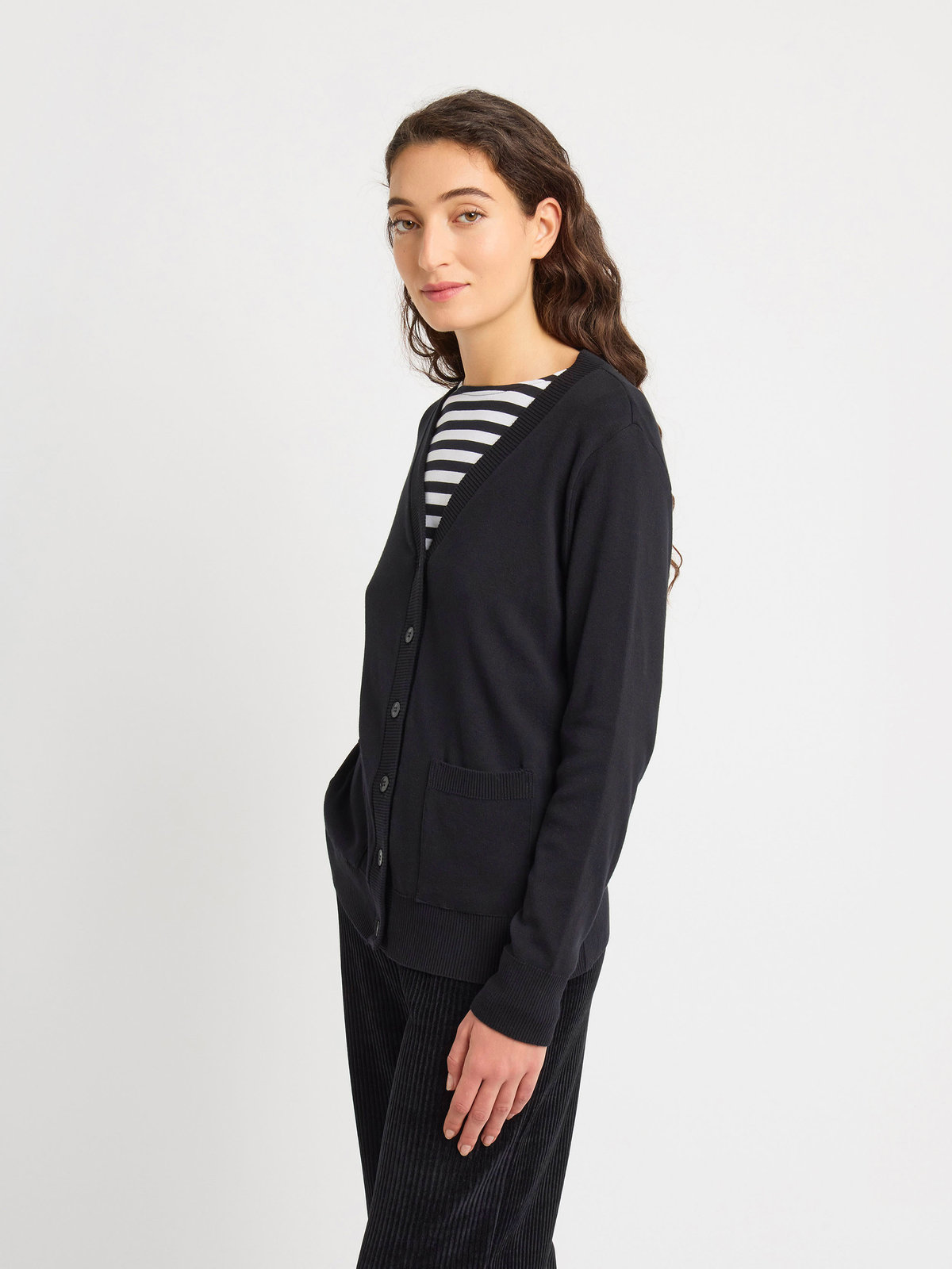 FEMME ウィメンズ コットン Vネック 長袖 ニット カーディガン ”Homme” ブラック