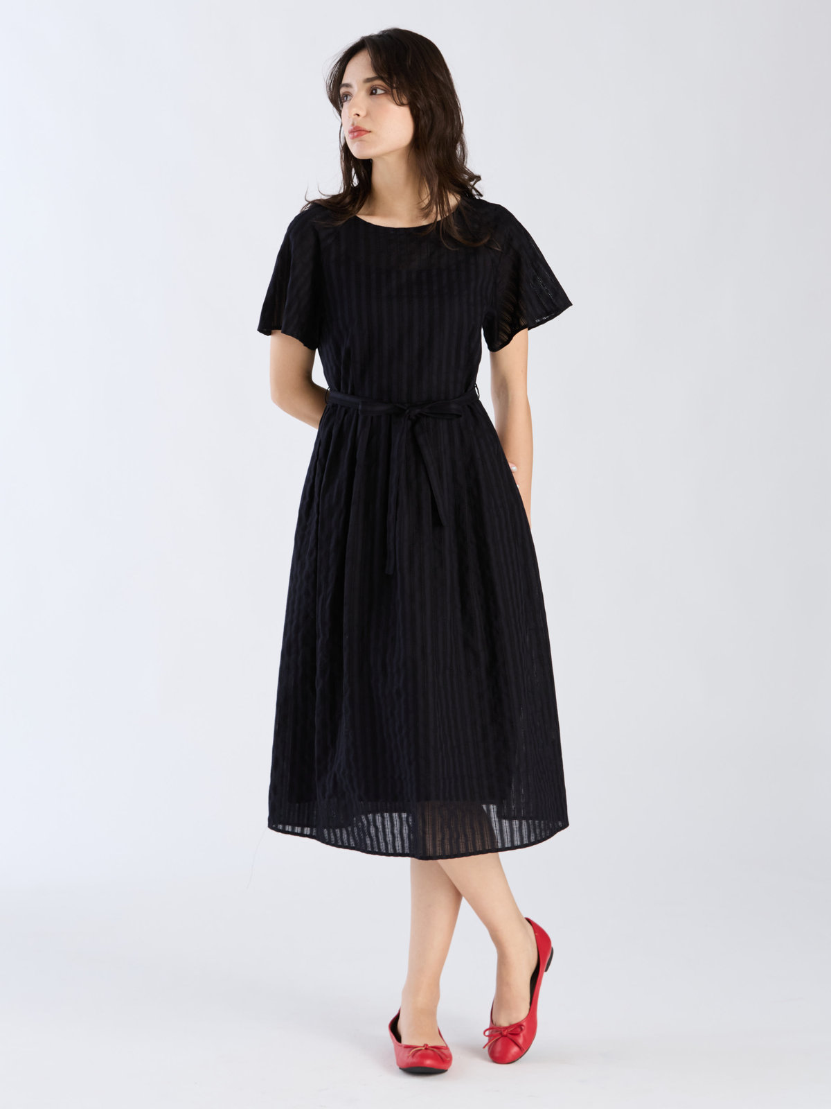 To b. by agnès b. 【Outlet】からみ織 コットン 半袖 ワンピース ネイビー