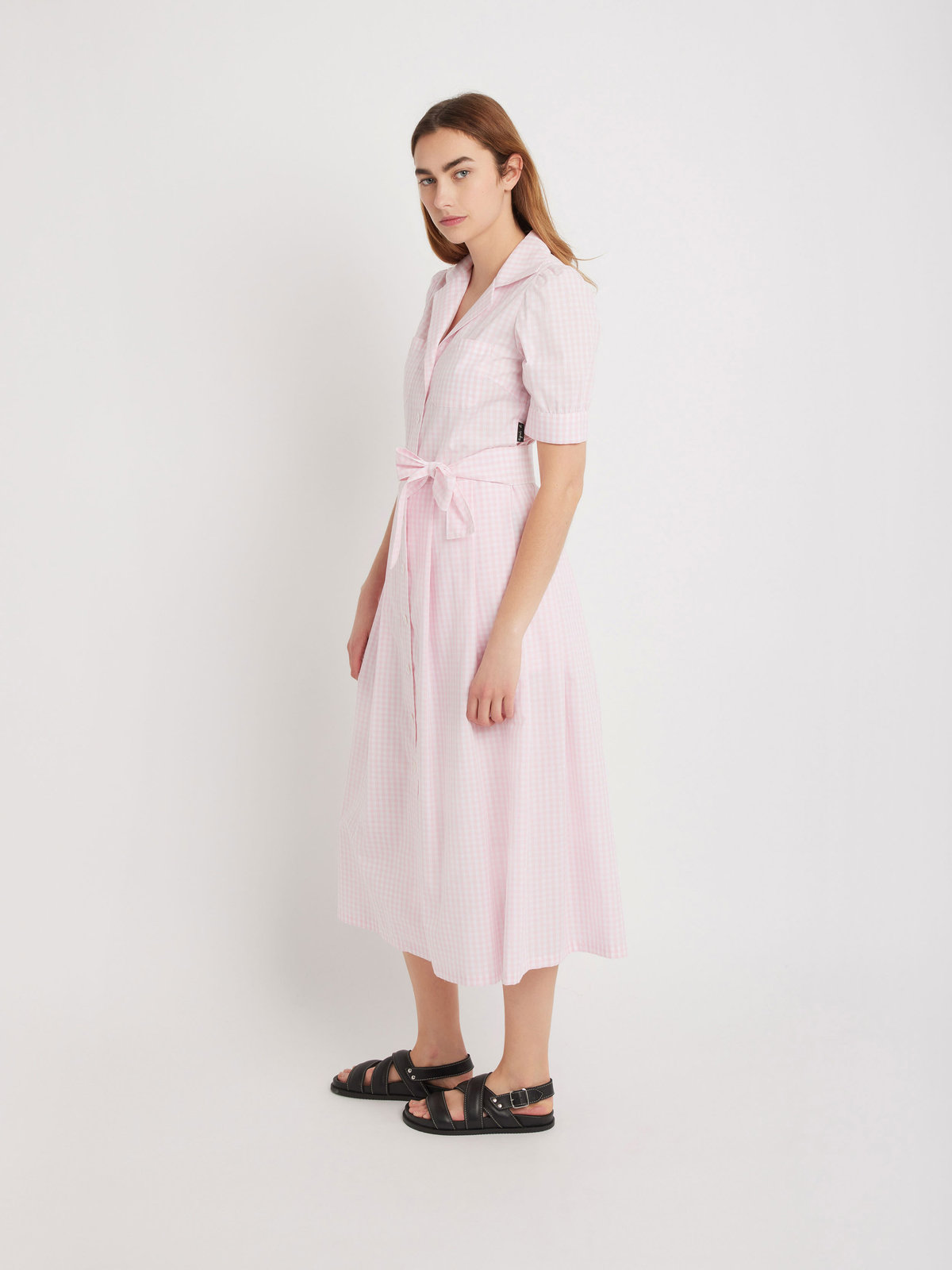 FEMME ウィメンズ 【Outlet】ギンガムチェック 半袖 開襟シャツワンピース ”Marilor” ピンク