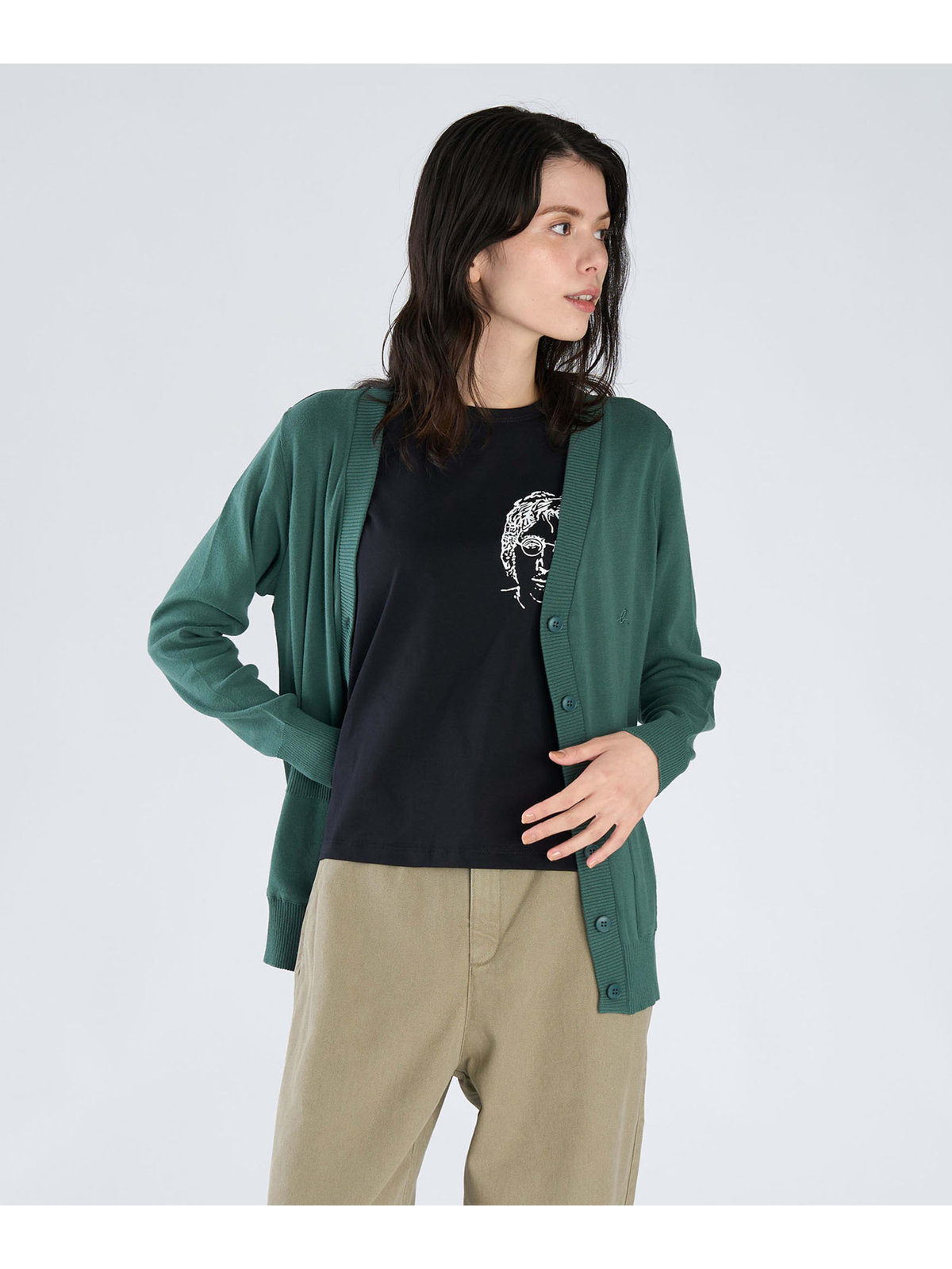 FEMME ウィメンズ ”b.”ロゴ刺繍 コットン Vネック ニットカーディガン ”Homme” グリーン系その他