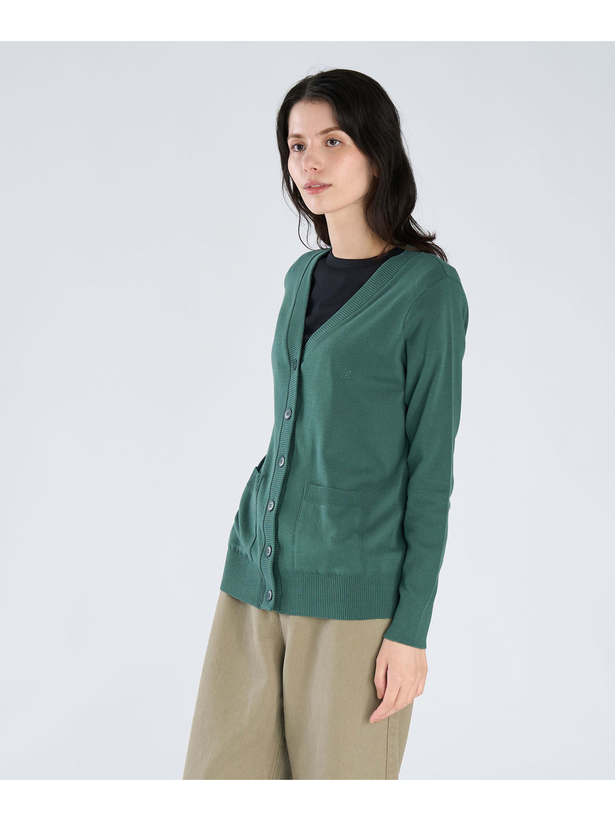 FEMME ウィメンズ ”b.”ロゴ刺繍 コットン Vネック ニットカーディガン ”Homme” グリーン系その他