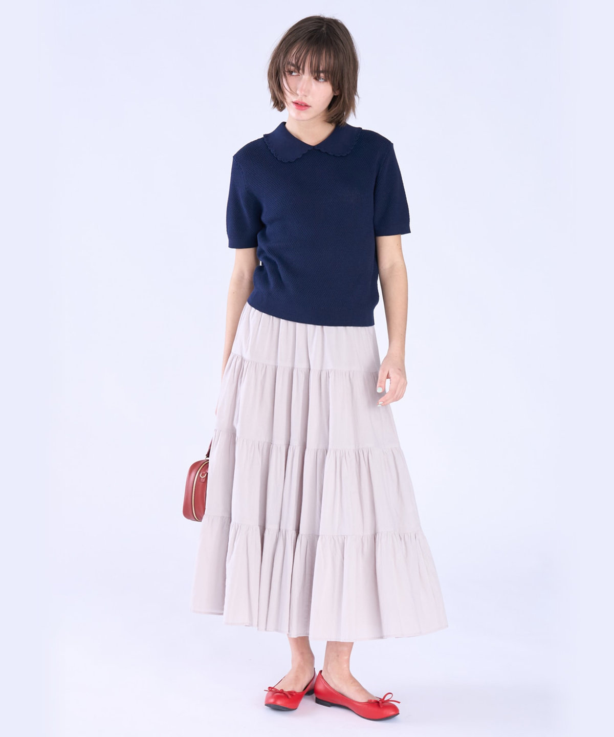 To b. by agnès b. コットン タック ステッチ 半袖 ニット プルオーバー ネイビー