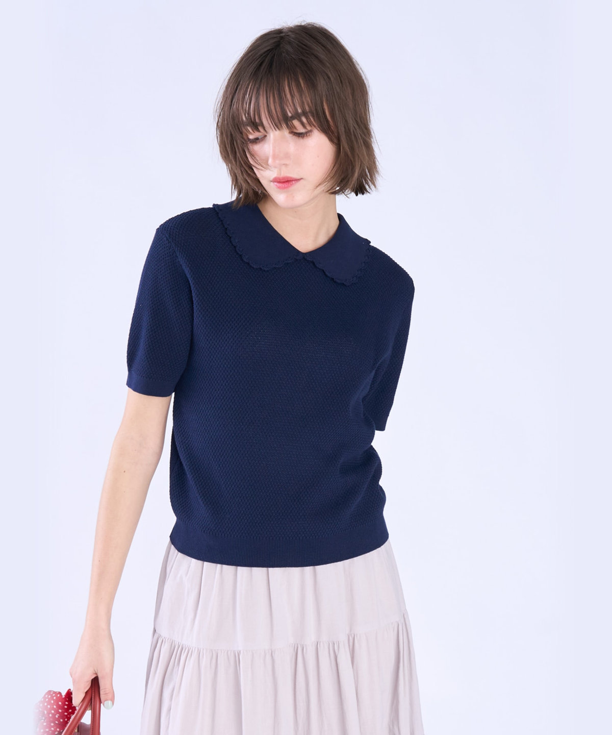 To b. by agnès b. コットン タック ステッチ 半袖 ニット プルオーバー ネイビー