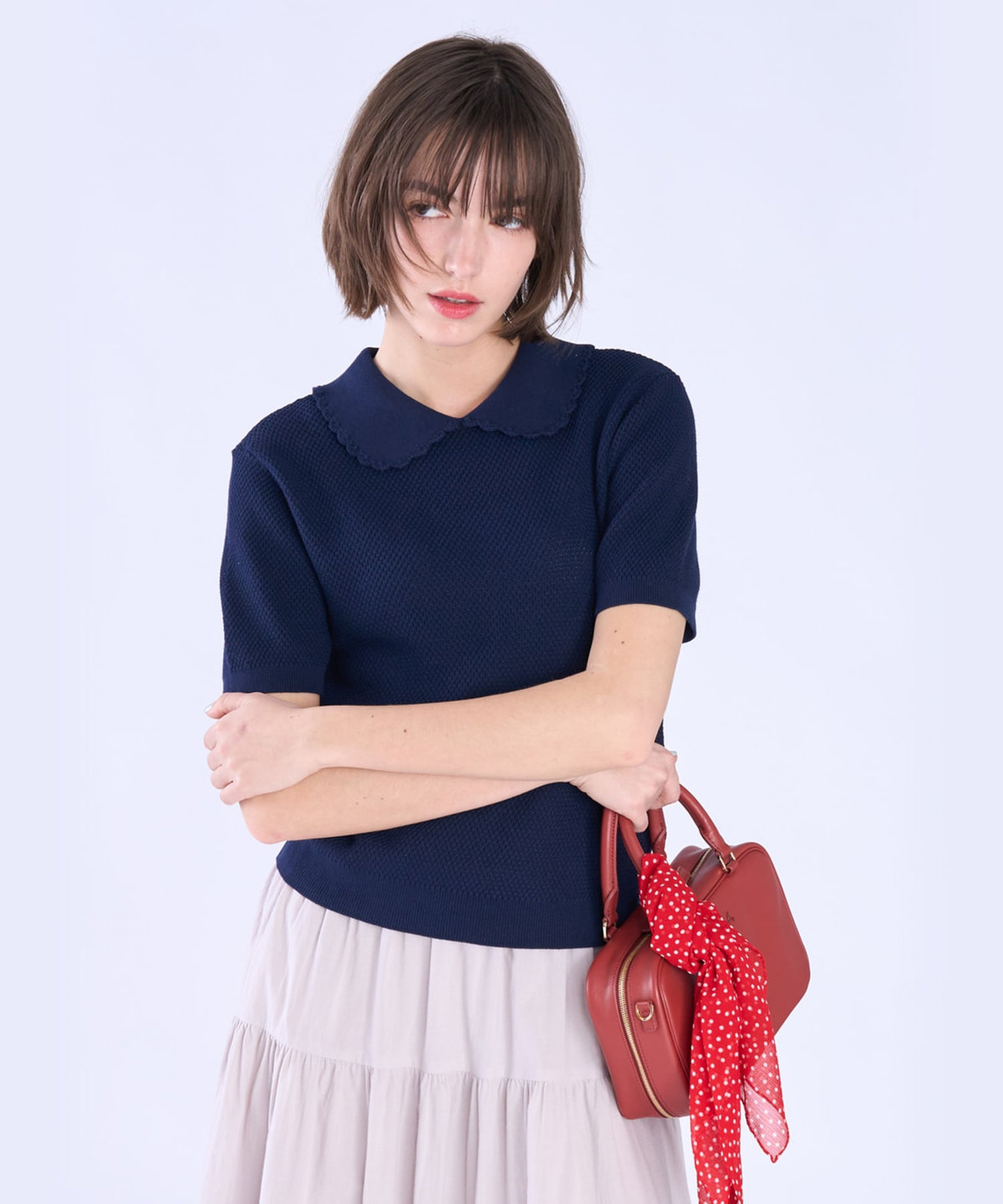 To b. by agnès b. コットン タック ステッチ 半袖 ニット プルオーバー ネイビー