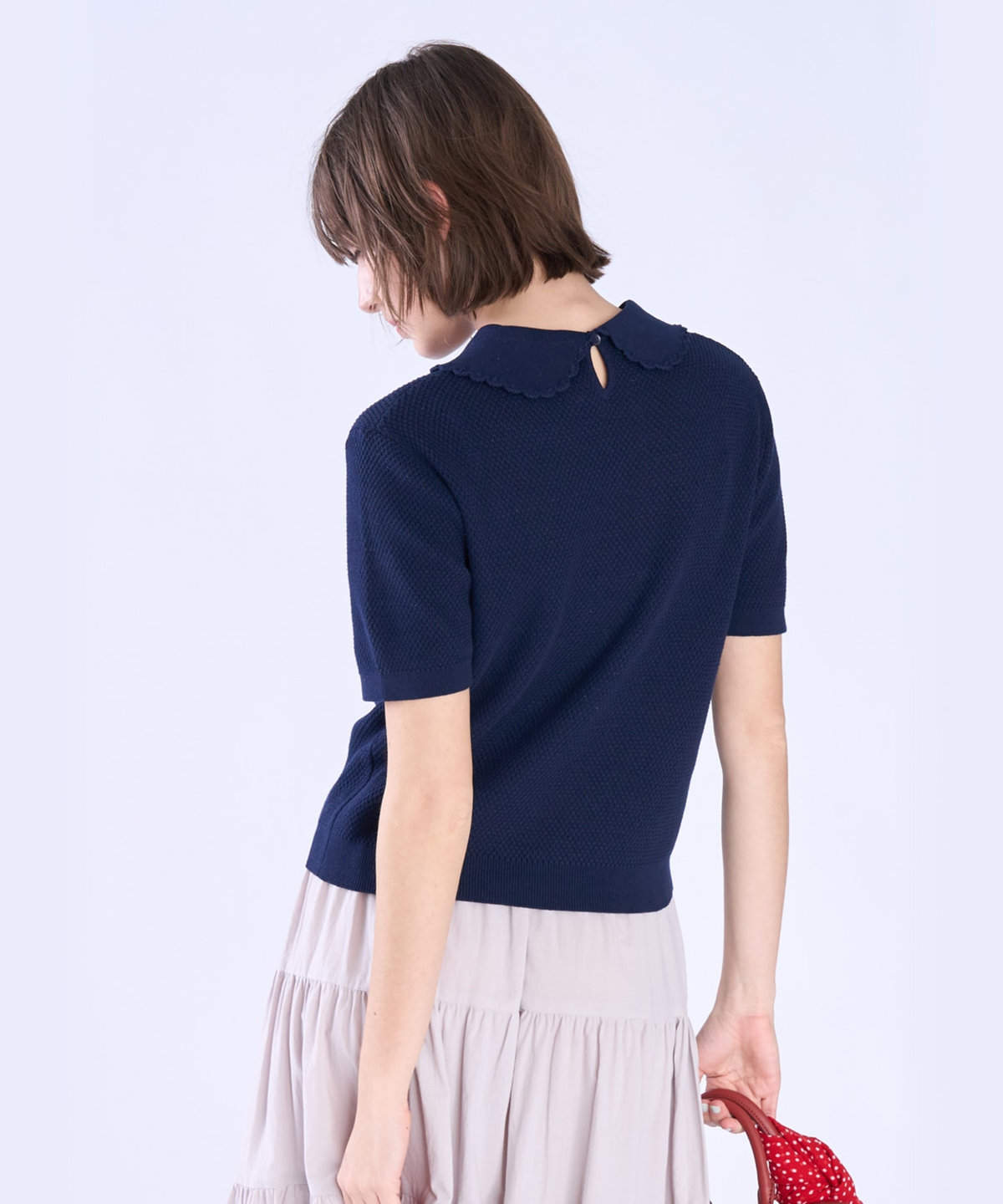 To b. by agnès b. コットン タック ステッチ 半袖 ニット プルオーバー ネイビー