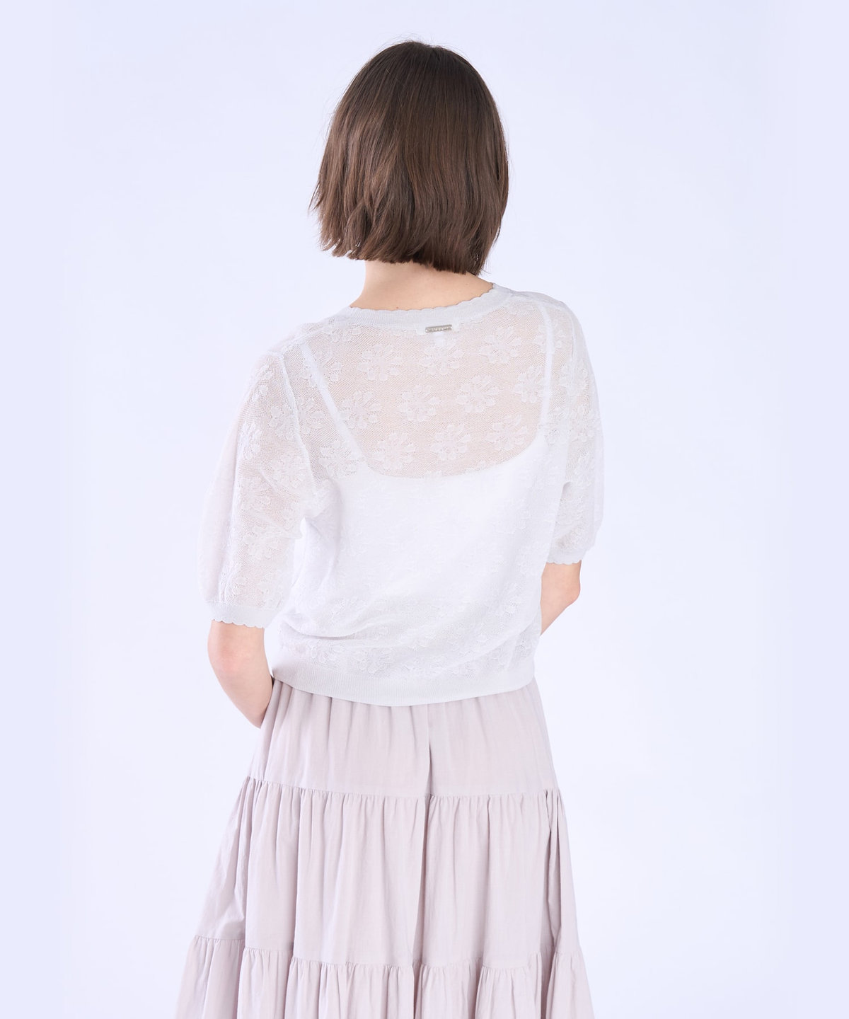 To b. by agnès b. シアー ジャカード 半袖 ニット プルオーバー ライトグレー