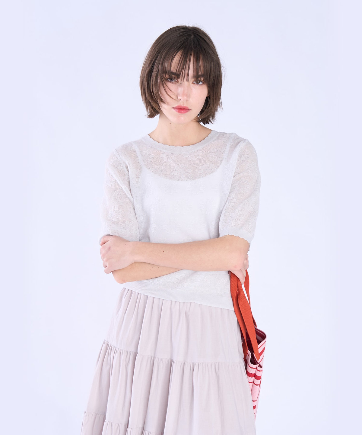 To b. by agnès b. シアー ジャカード 半袖 ニット プルオーバー ライトグレー